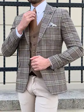 Slim Fit Beige Plaid Wool Men Jacket