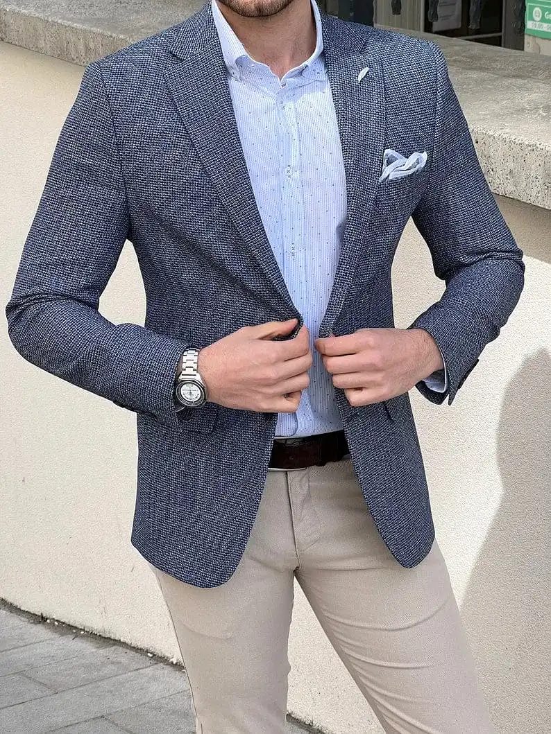 Slim Fit Knitted Light Blue Jacket Men's Blazer