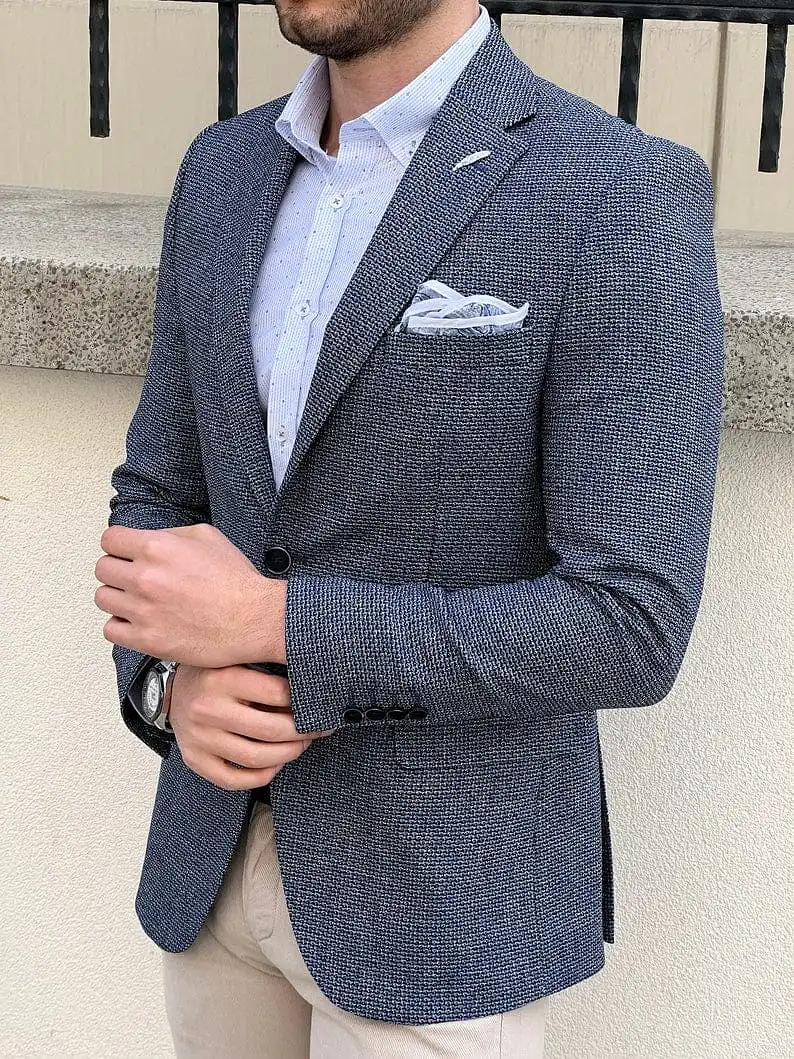 Slim Fit Knitted Light Blue Jacket Men's Blazer