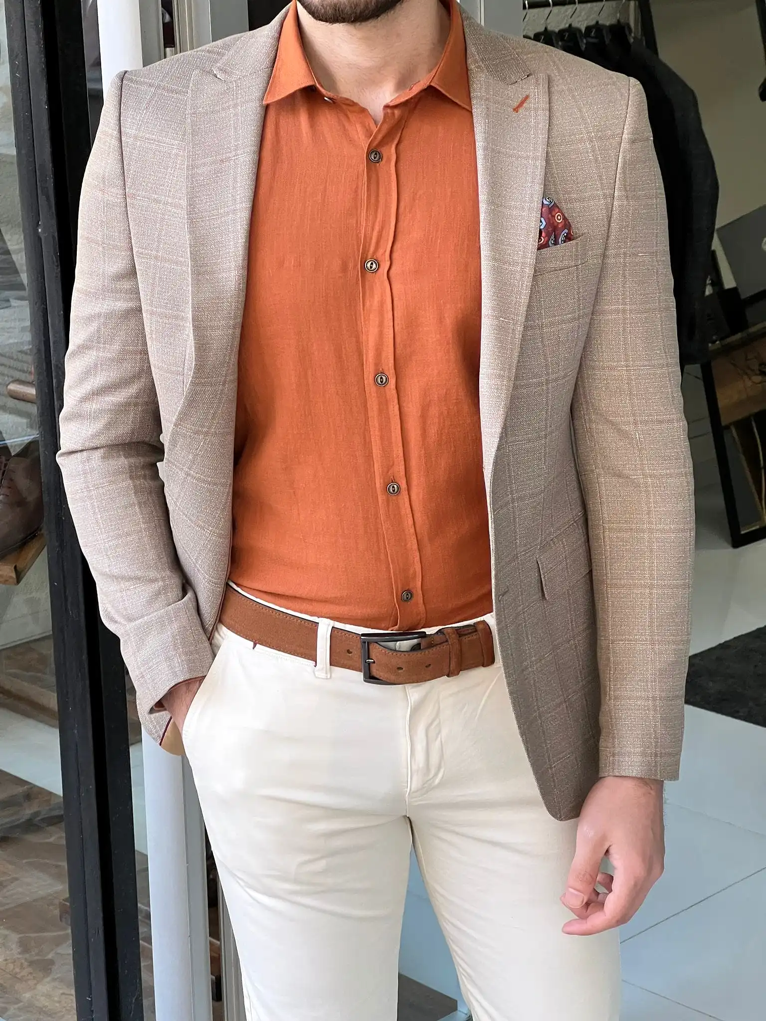 Slim Fit Plaid Beige Jacket