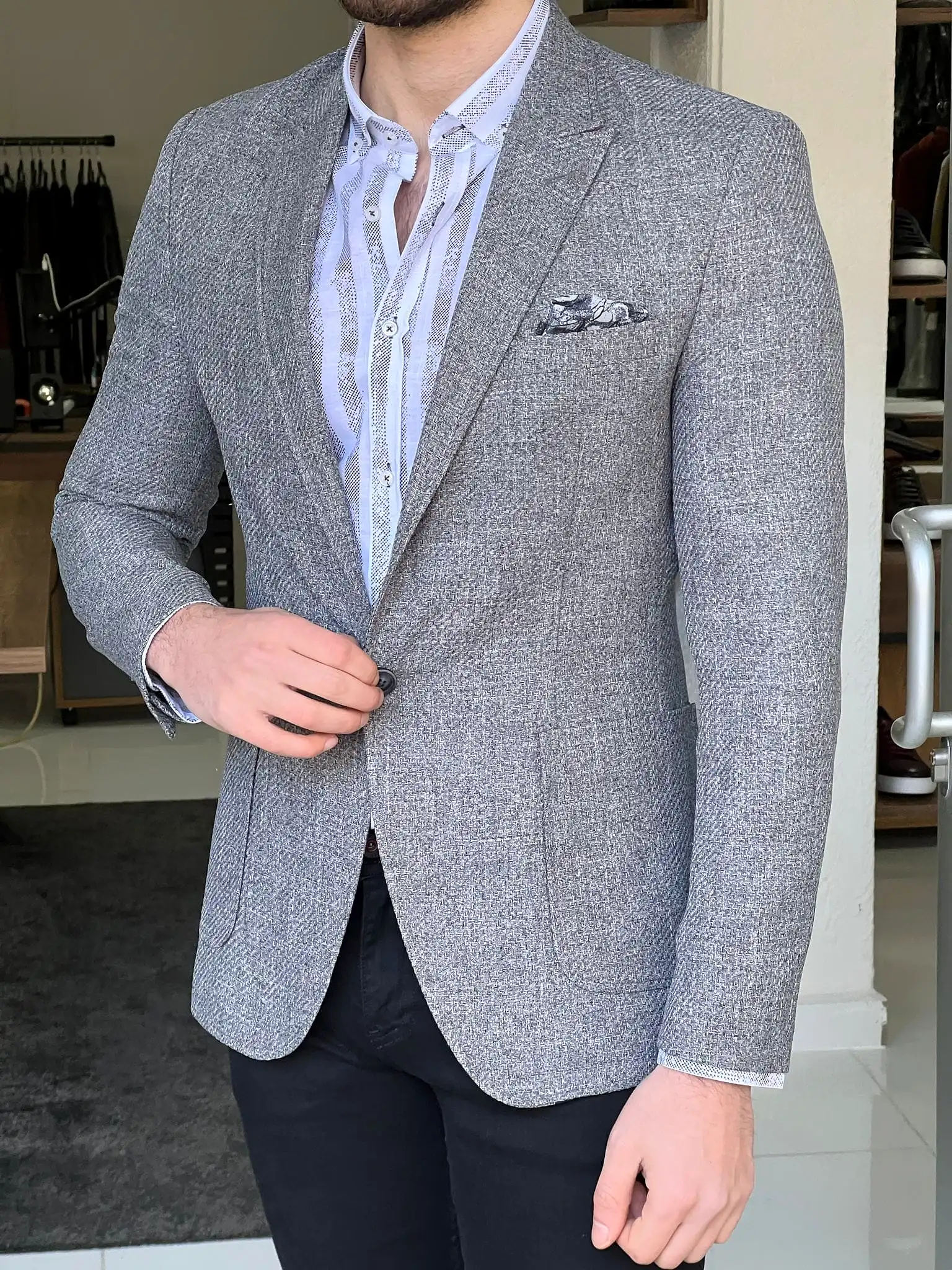 Slim Fit Self-Patterned Grey Jacket