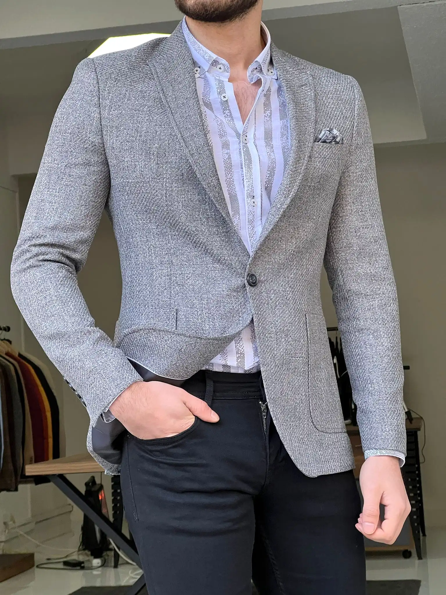 Slim Fit Self-Patterned Grey Jacket