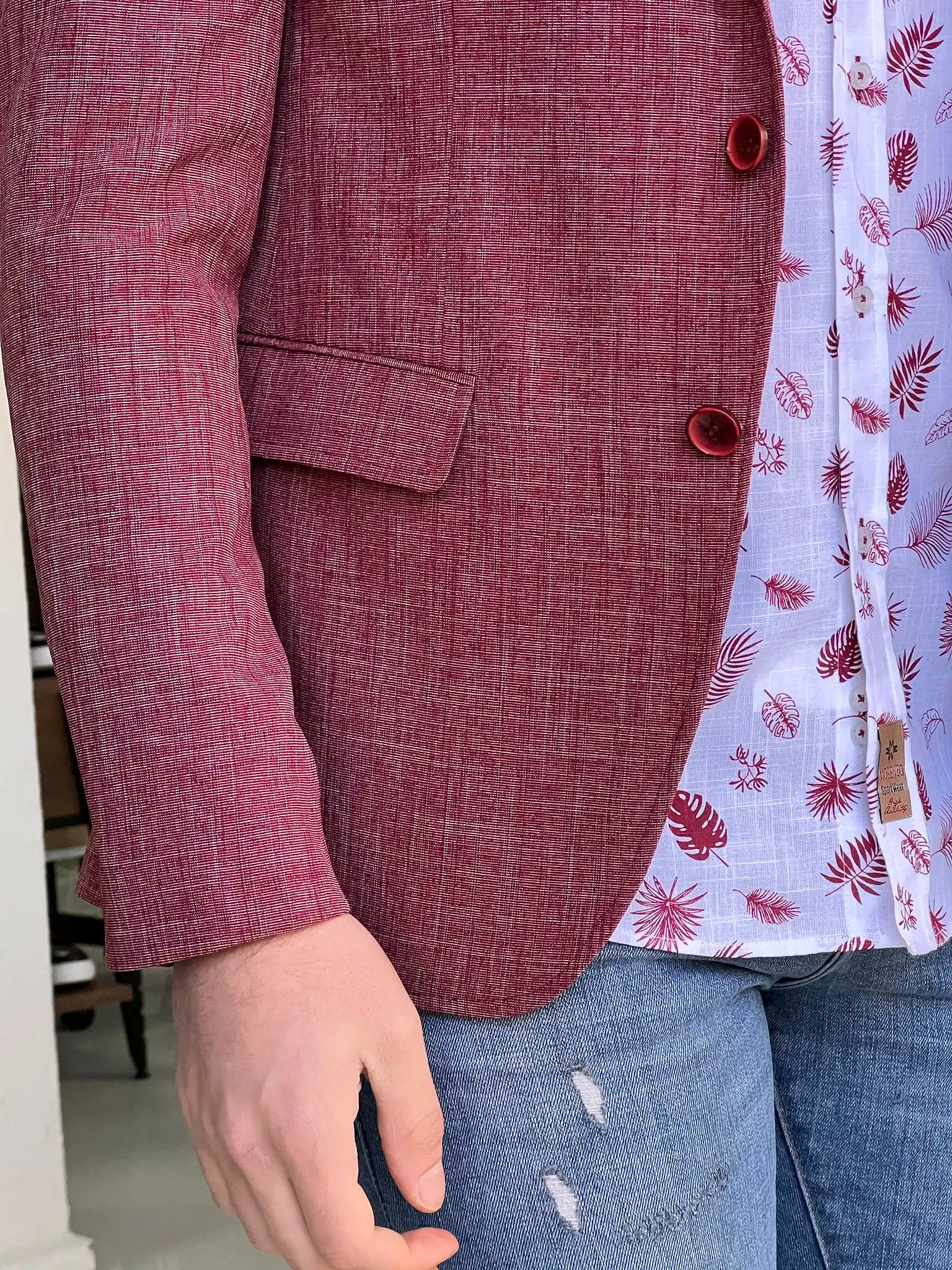 Slim Fit Self-Patterned Red Cotton Jacket