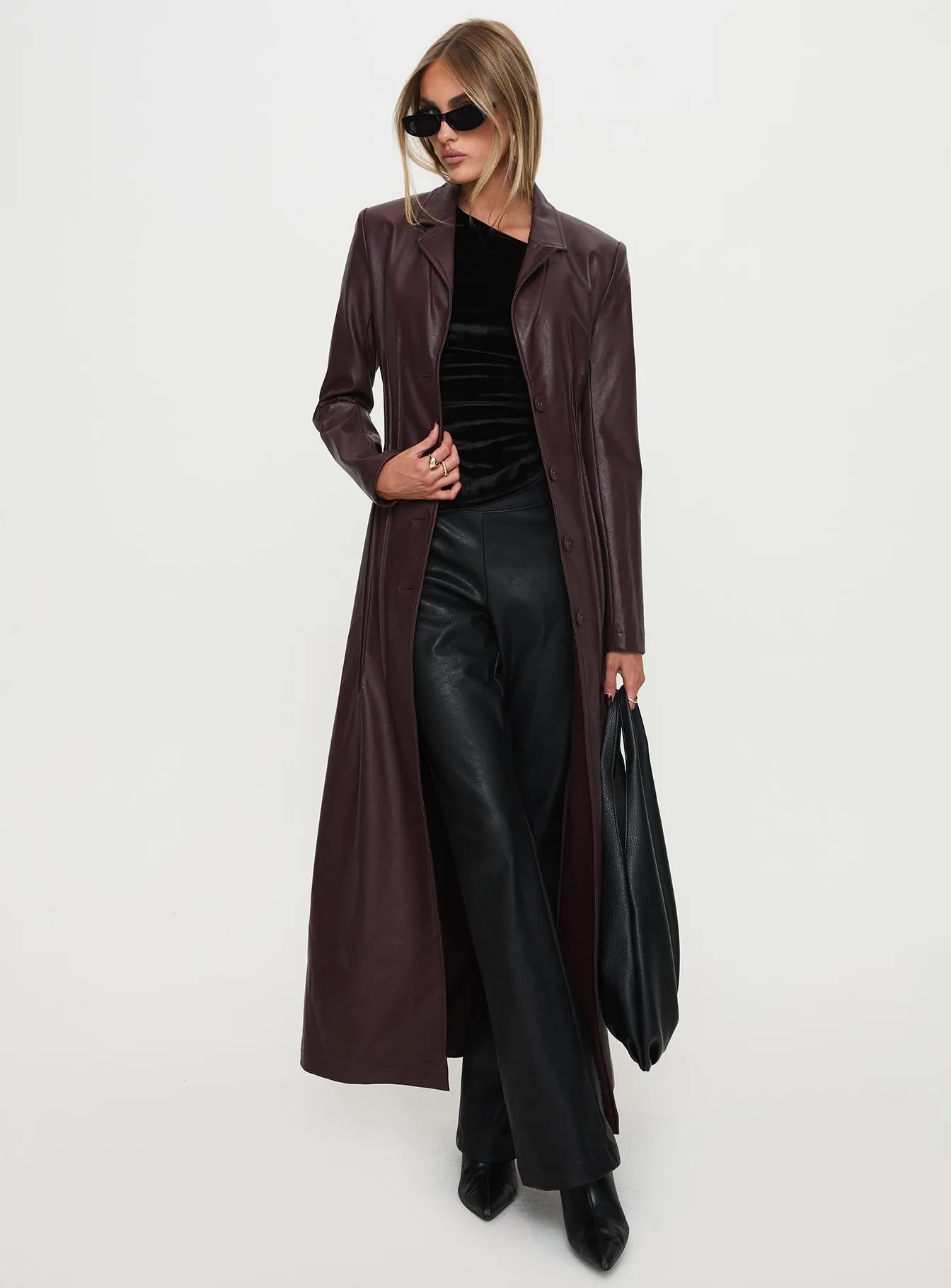 Speak Easy Long Line Faux Leather Coat Burgundy