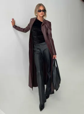 Speak Easy Long Line Faux Leather Coat Burgundy