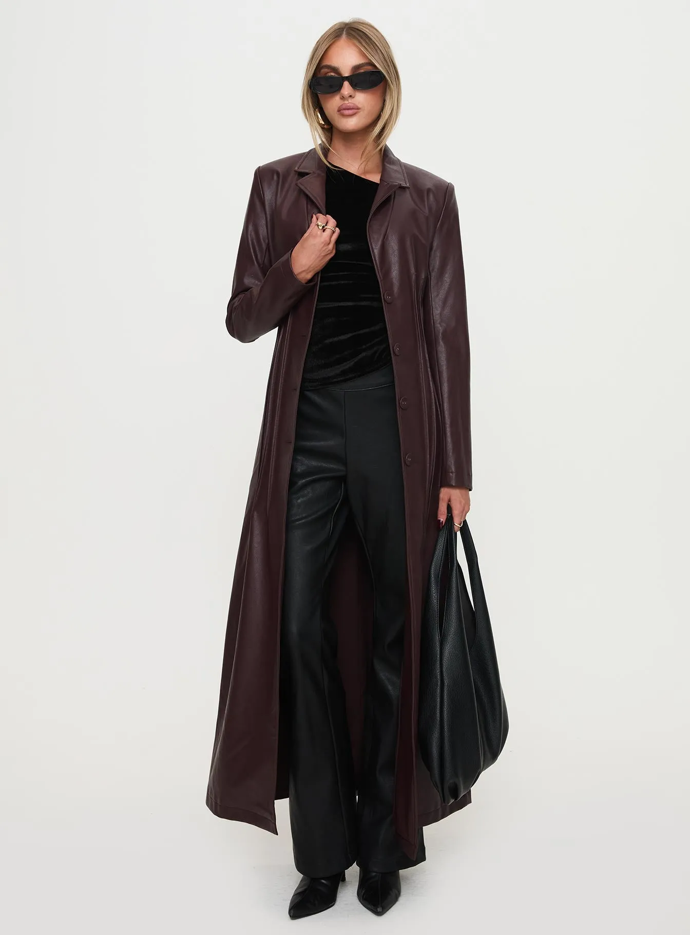 Speak Easy Long Line Faux Leather Coat Burgundy