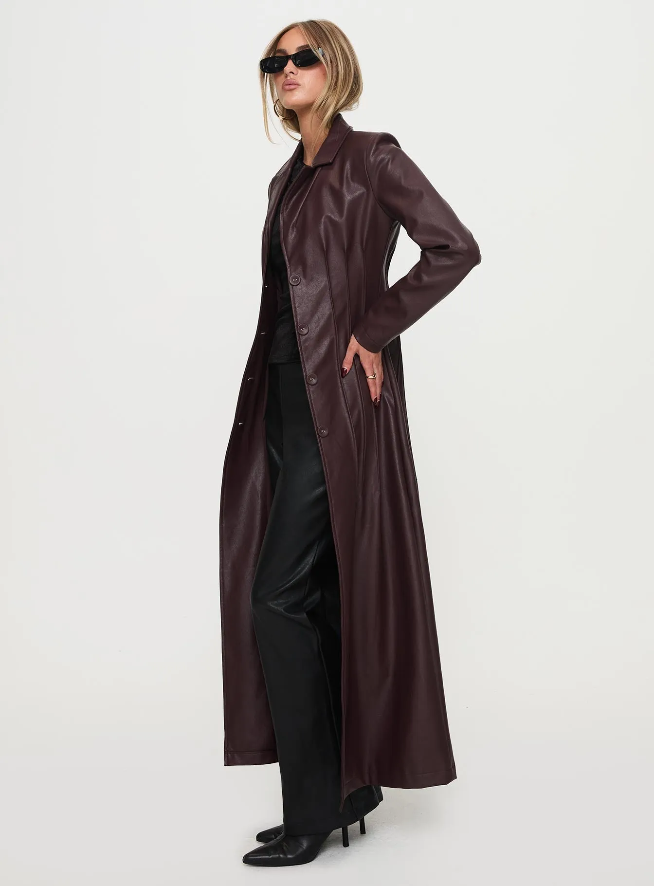 Speak Easy Long Line Faux Leather Coat Burgundy