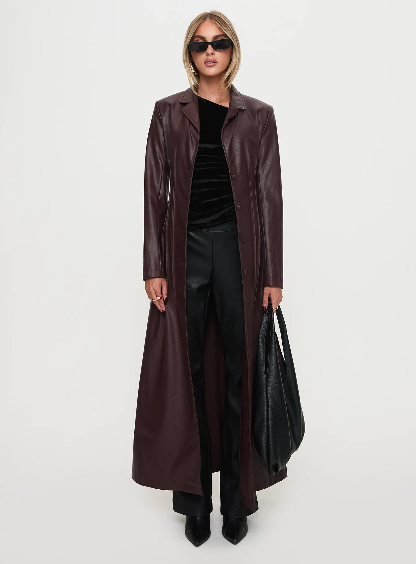 Speak Easy Long Line Faux Leather Coat Burgundy