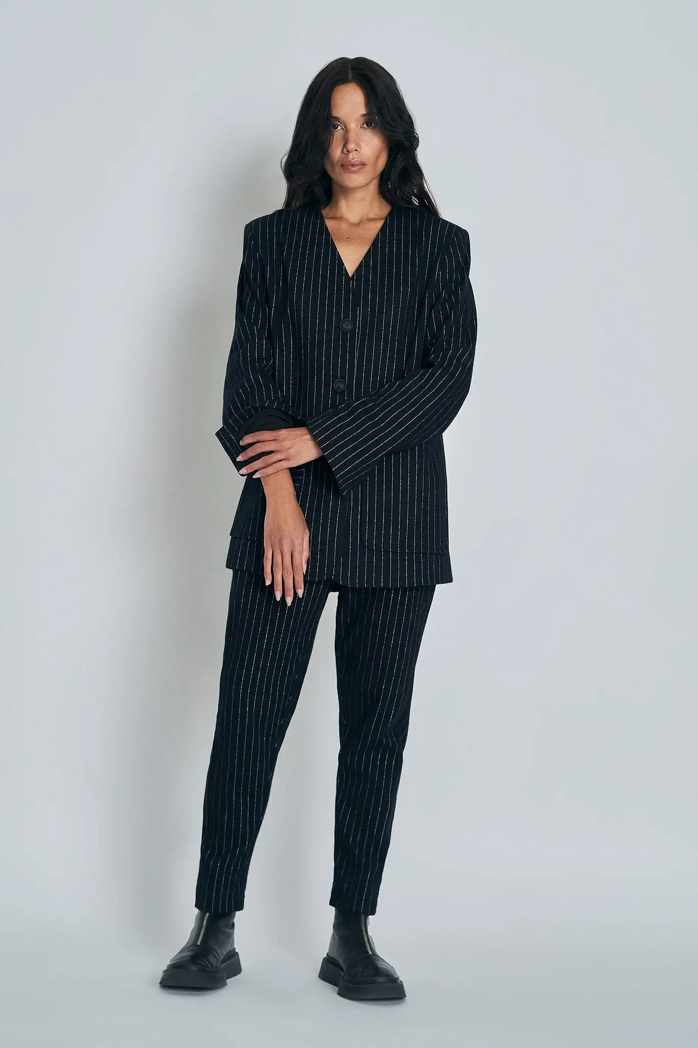 Stella Blazer | Black with Silver Pinstripe