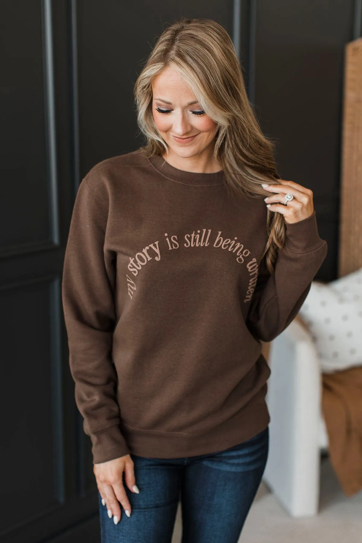 Still Being Written Crew Neck Pullover- Brown