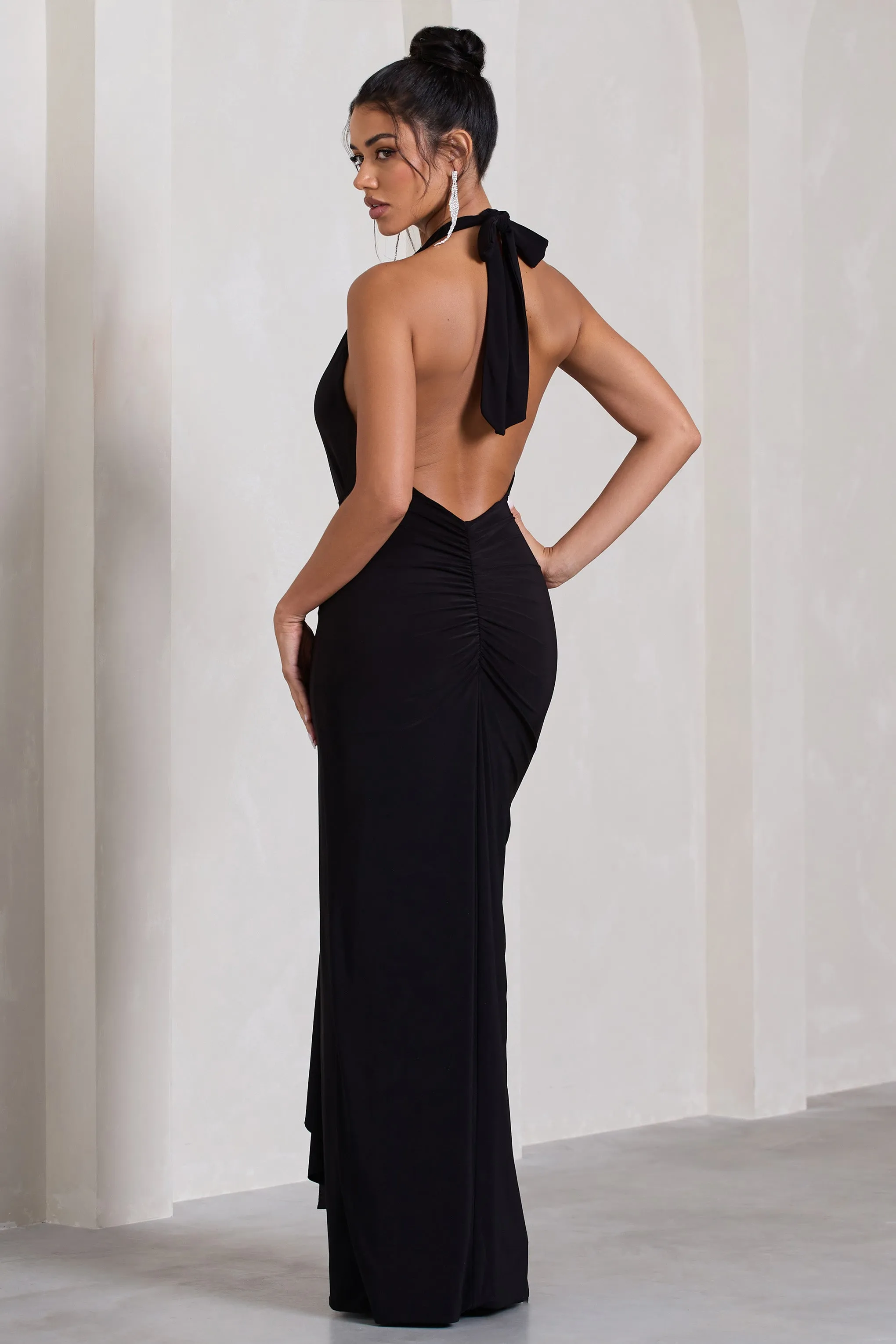 Tabloid Talk | Black Plunge Halter-Neck Maxi Dress With Twisted Drape