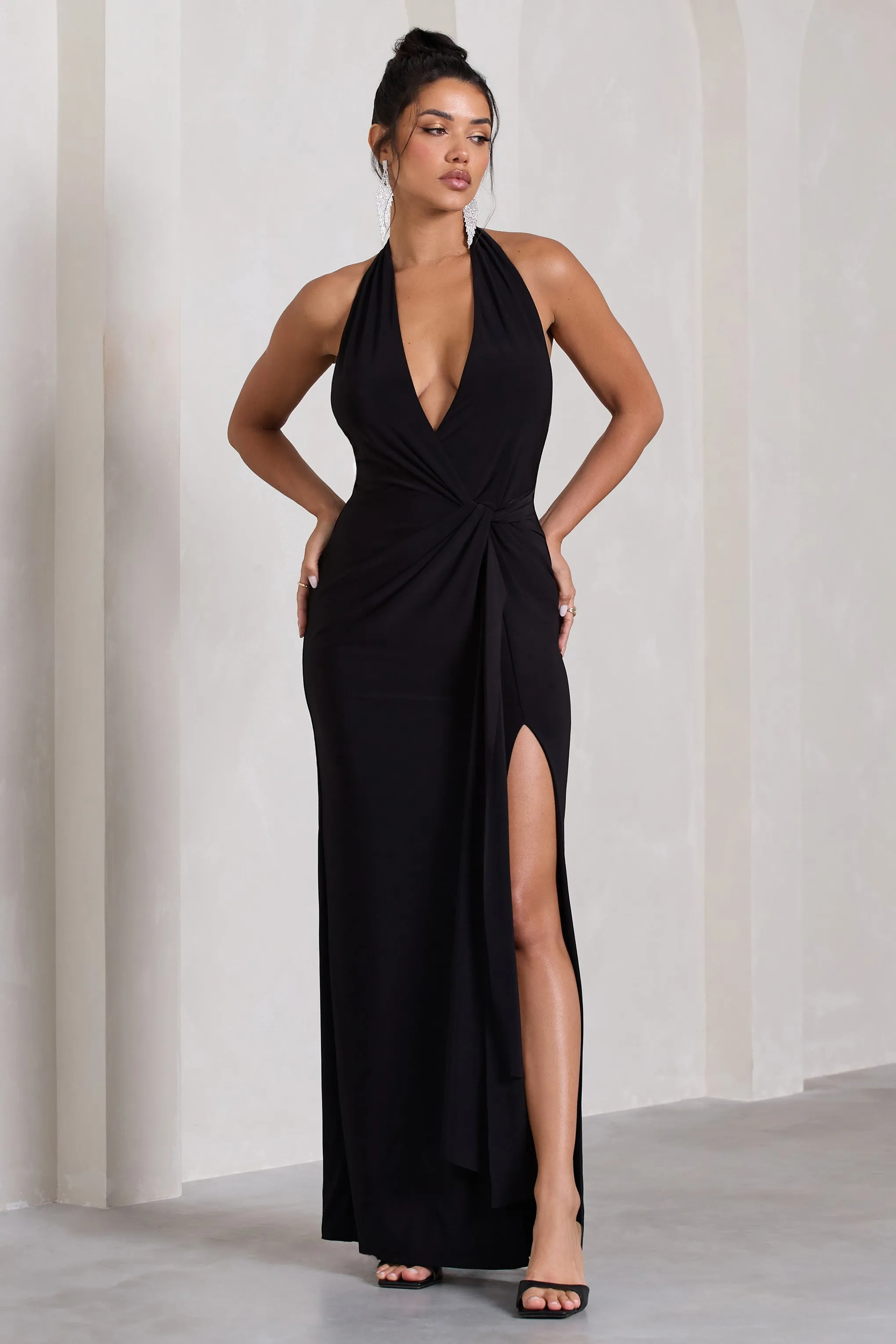 Tabloid Talk | Black Plunge Halter-Neck Maxi Dress With Twisted Drape