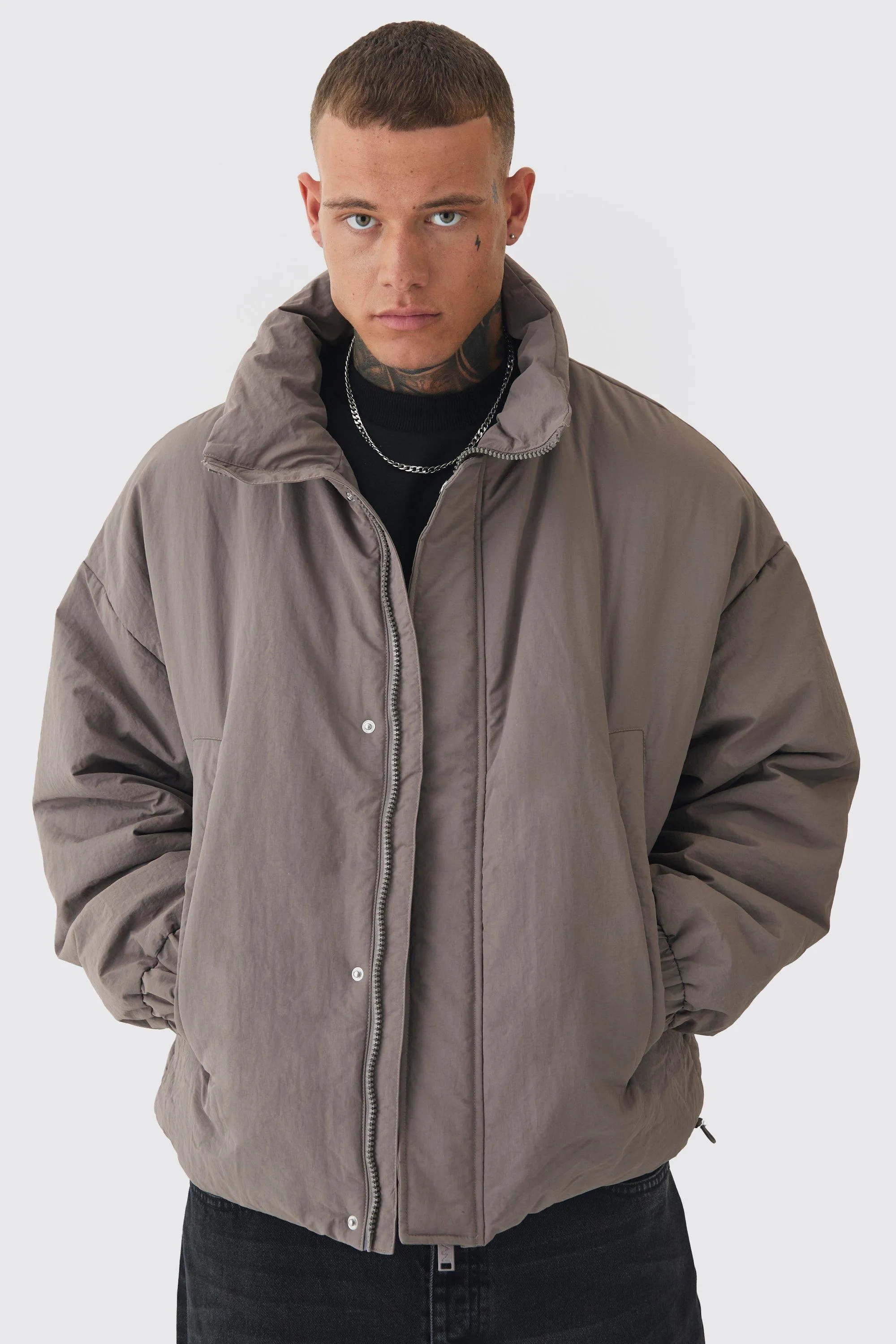 Tall Oversized Boxy Padded Funnel Neck Coat In Charcoal