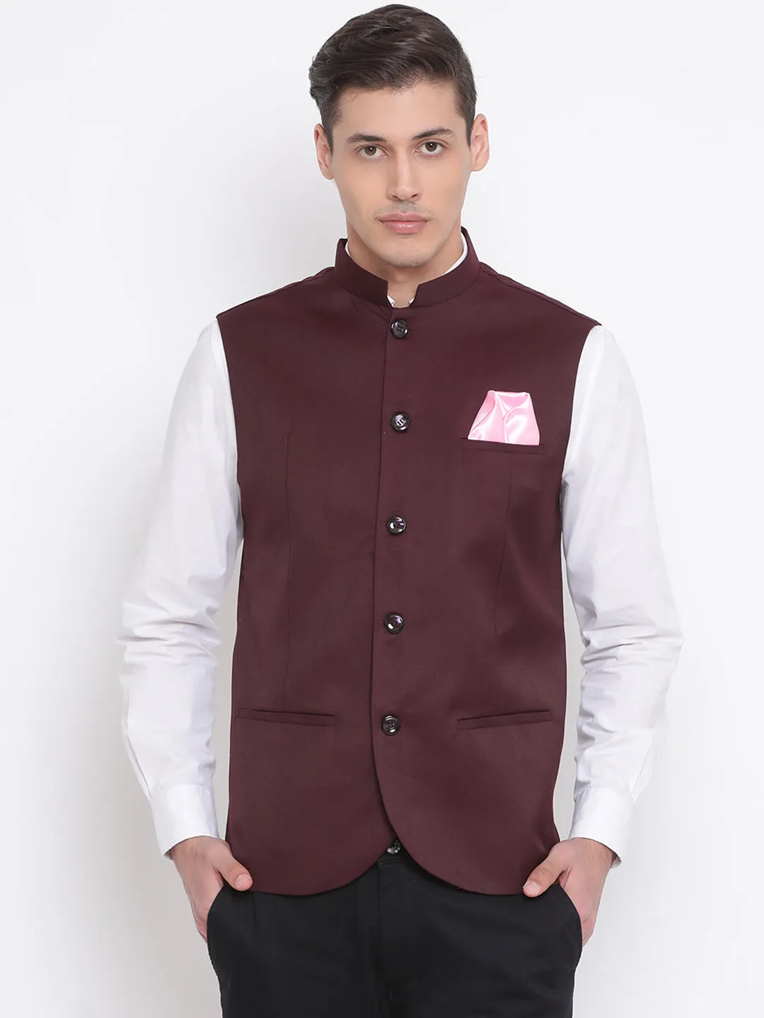 VASTRAMAY Men's Maroon Cotton Blend Twill Nehru Jacket