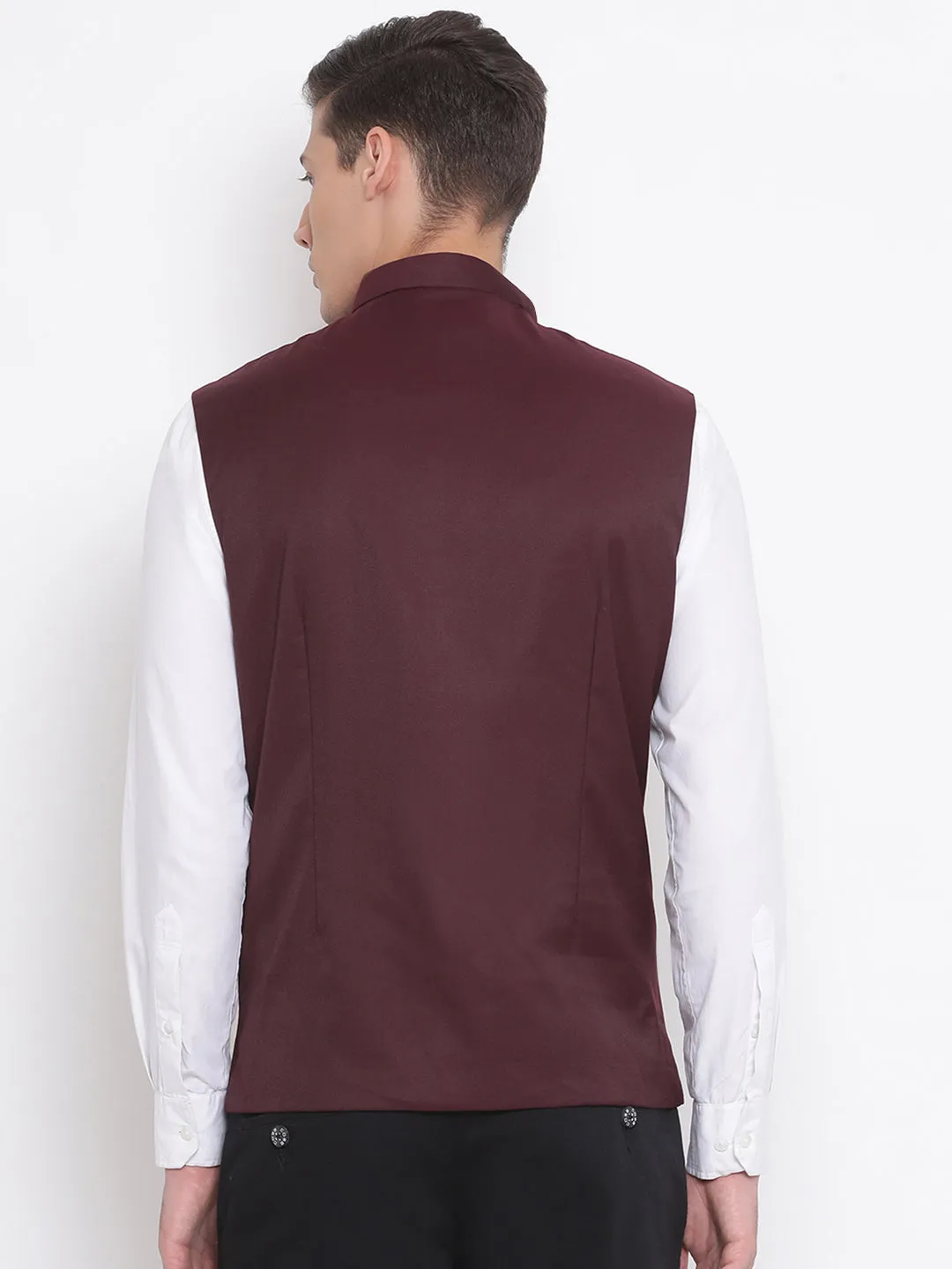 VASTRAMAY Men's Maroon Cotton Blend Twill Nehru Jacket