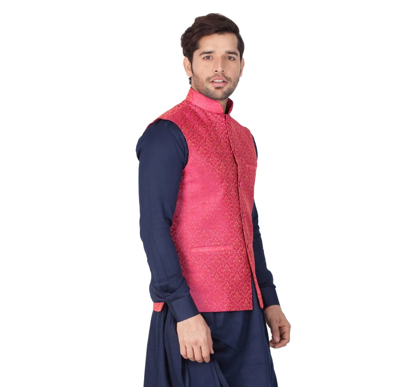 VASTRAMAY Men's Pink Silk Blend Ethnic Jacket