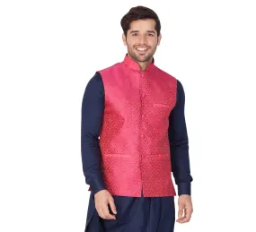 VASTRAMAY Men's Pink Silk Blend Ethnic Jacket