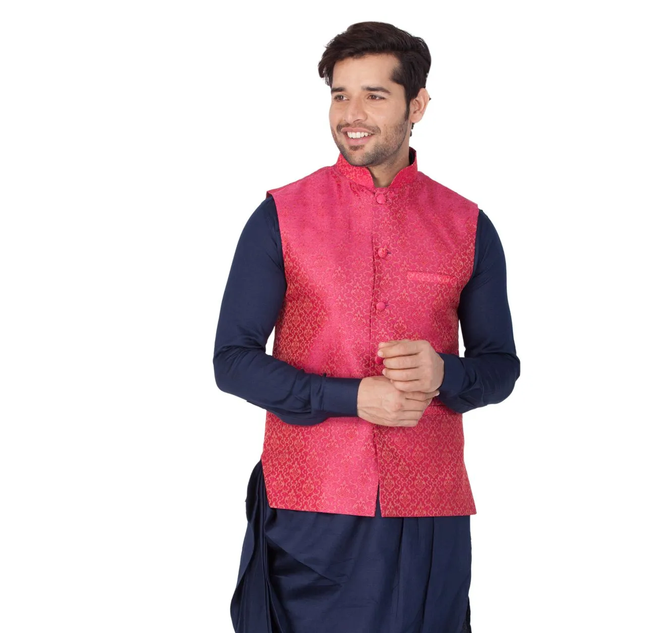 VASTRAMAY Men's Pink Silk Blend Ethnic Jacket