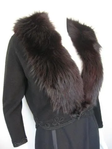 Vintage 50's Black Cashmere Sweater with 2 Fur Collars: Blonde Mink & Black Fox, Lace Lining, & Beaded Ribbon Details