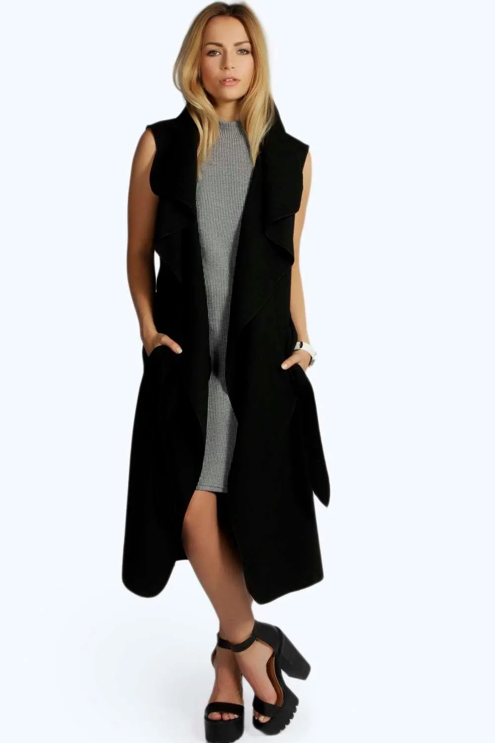 Waterfall Belted Sleeveless Coat