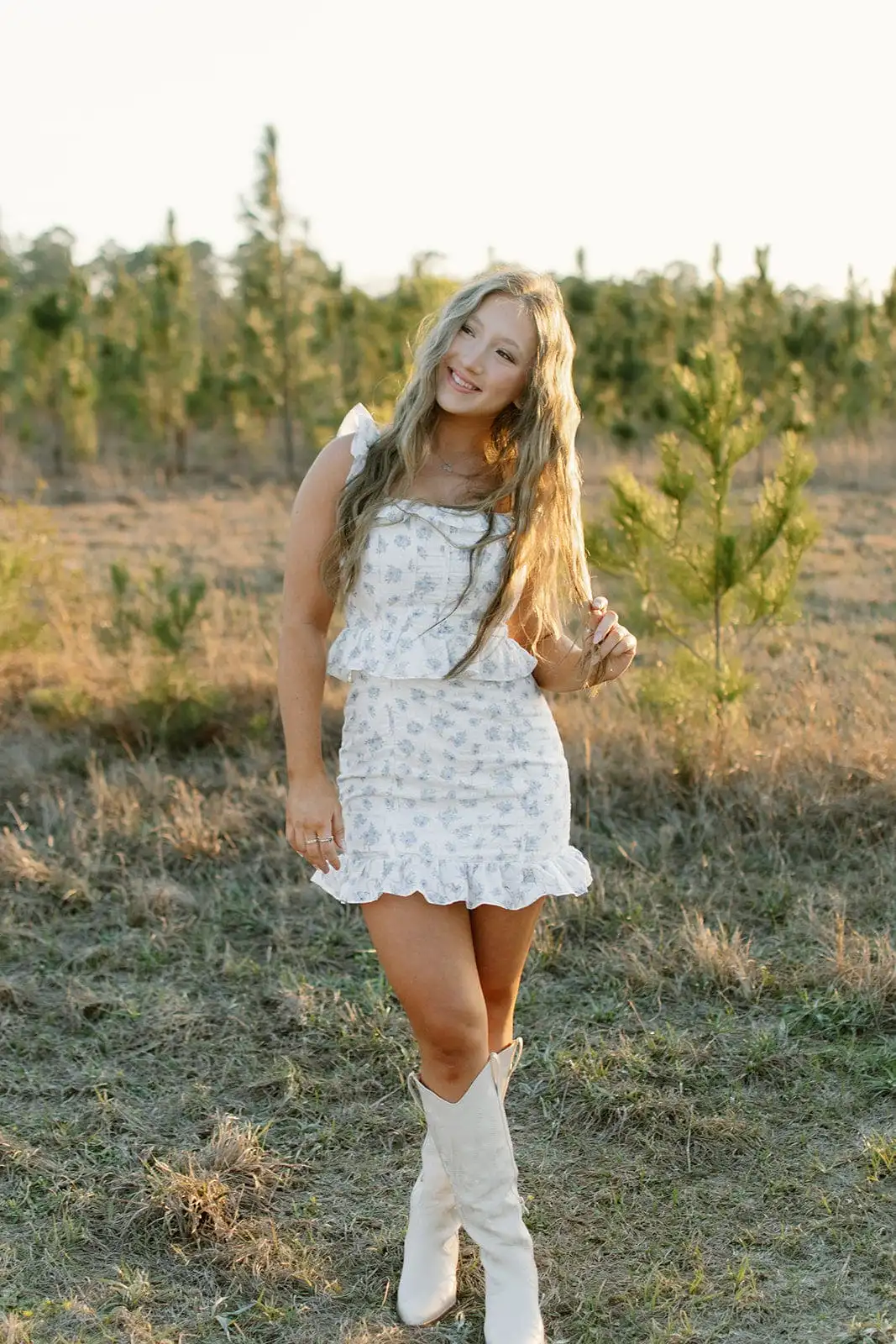 White & Blue Floral Ruffle Corset Dress