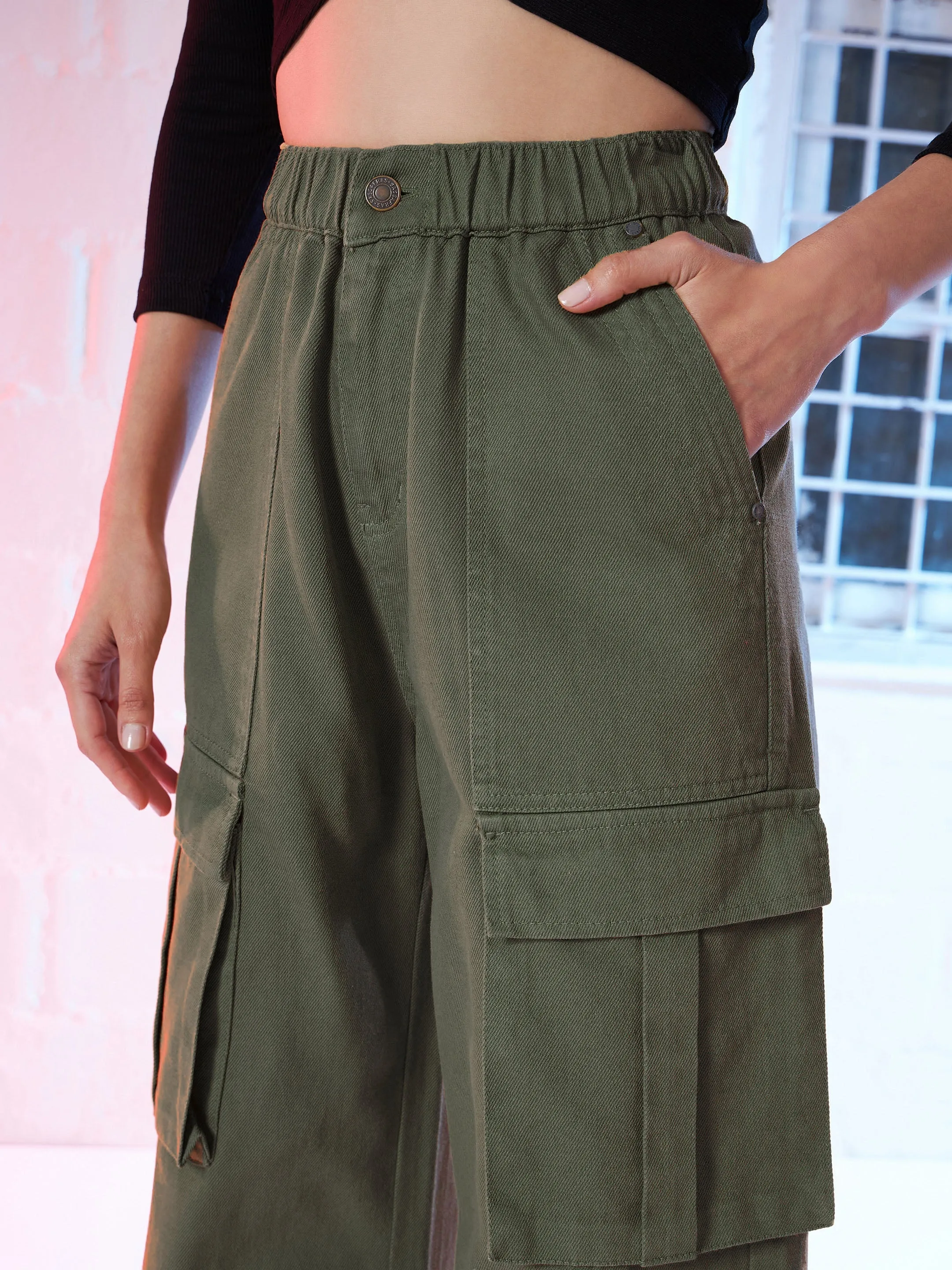 Women Olive Box Pocket Cargo Jeans