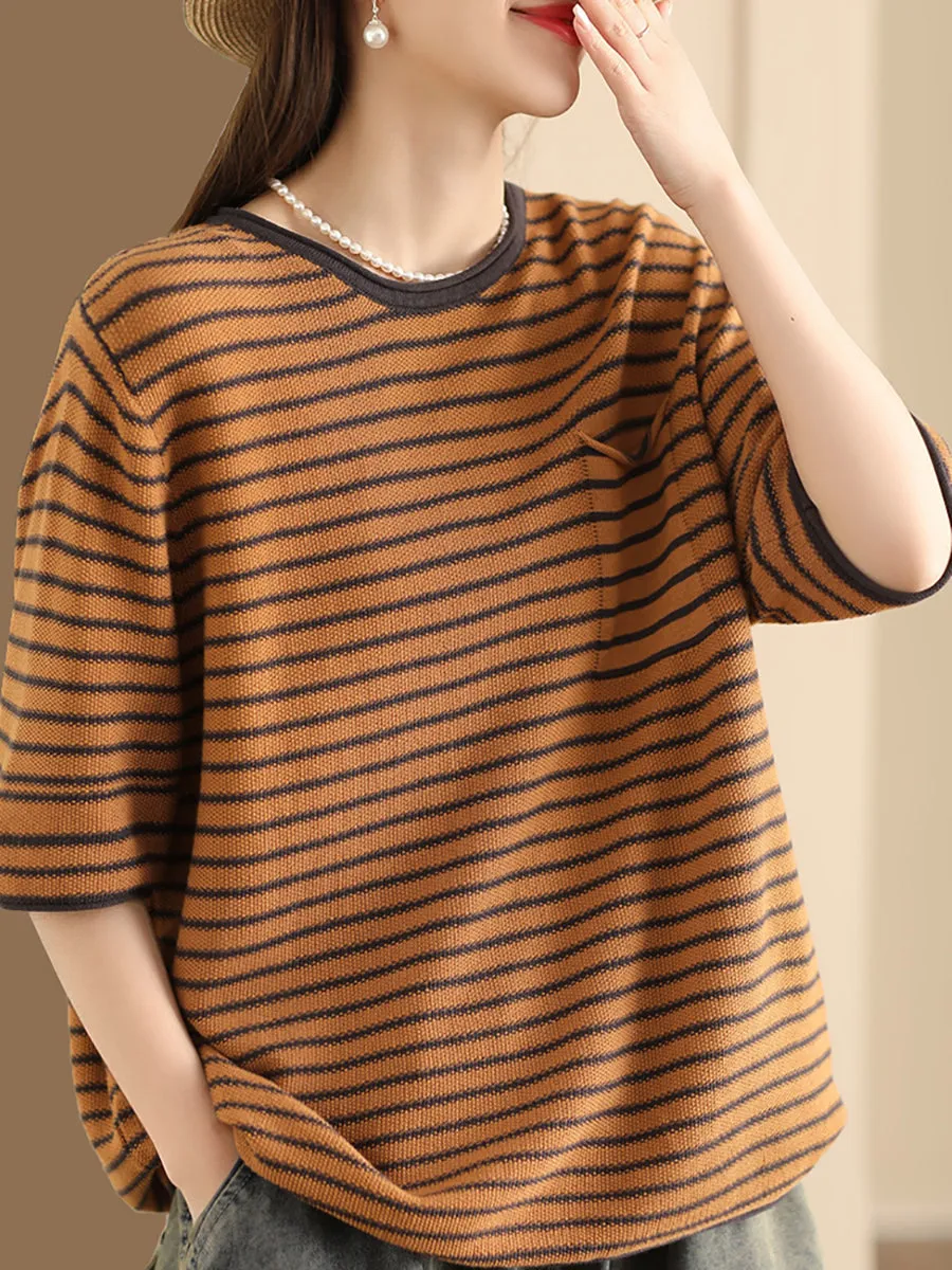 Women Summer Stripe Casaul Knitted Pullover Shirt SC1021