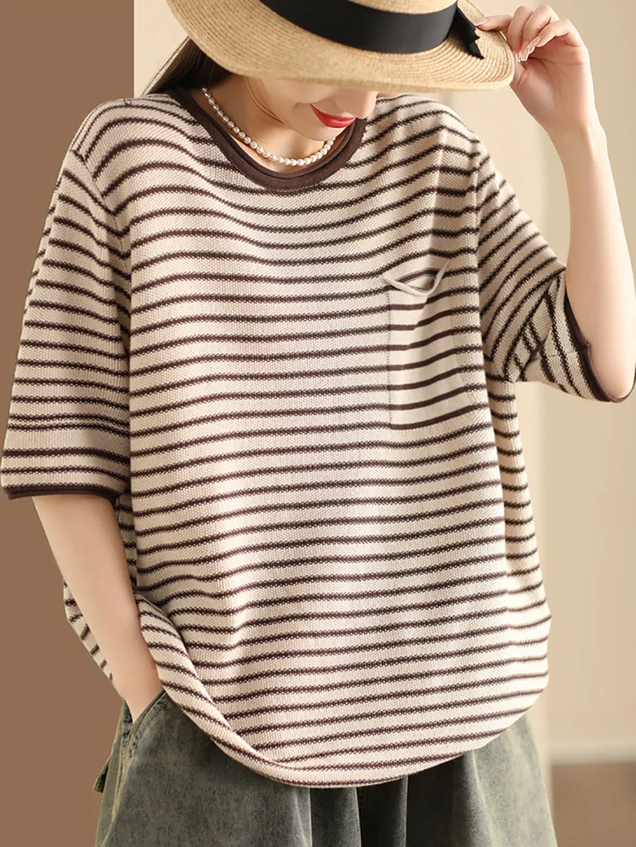 Women Summer Stripe Casaul Knitted Pullover Shirt SC1021