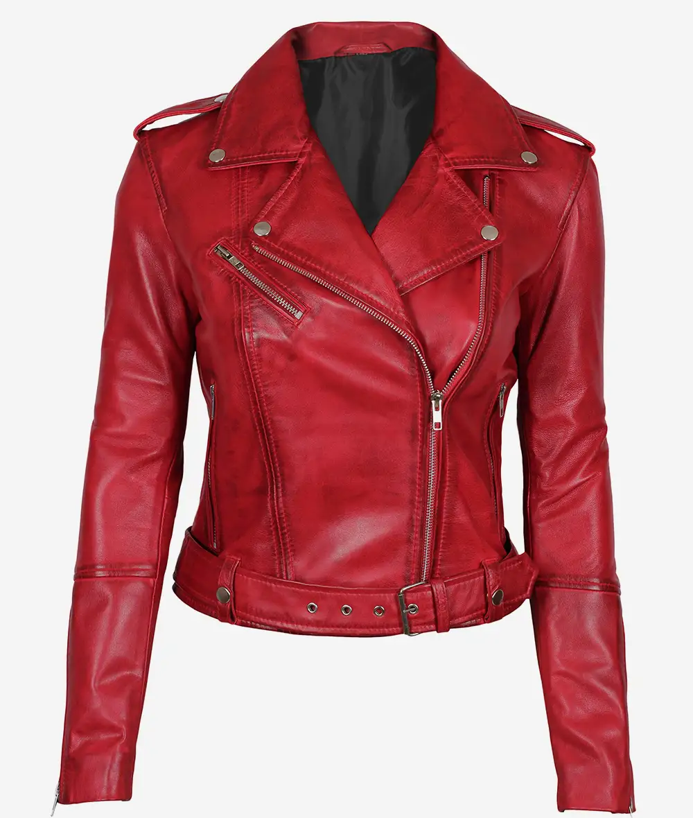 Women's Red Asymmetrical Moto Leather Jacket