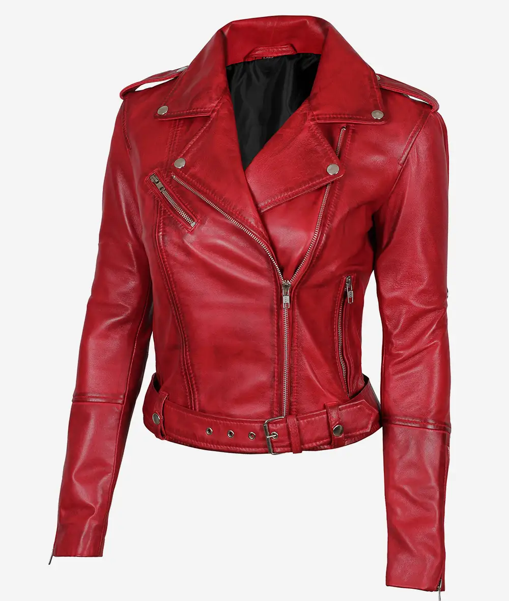 Women's Red Asymmetrical Moto Leather Jacket