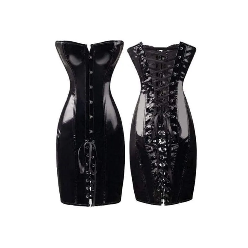 Women's Sexy Lace Up Pvc Overbust Corset Lace Up Dress With G String