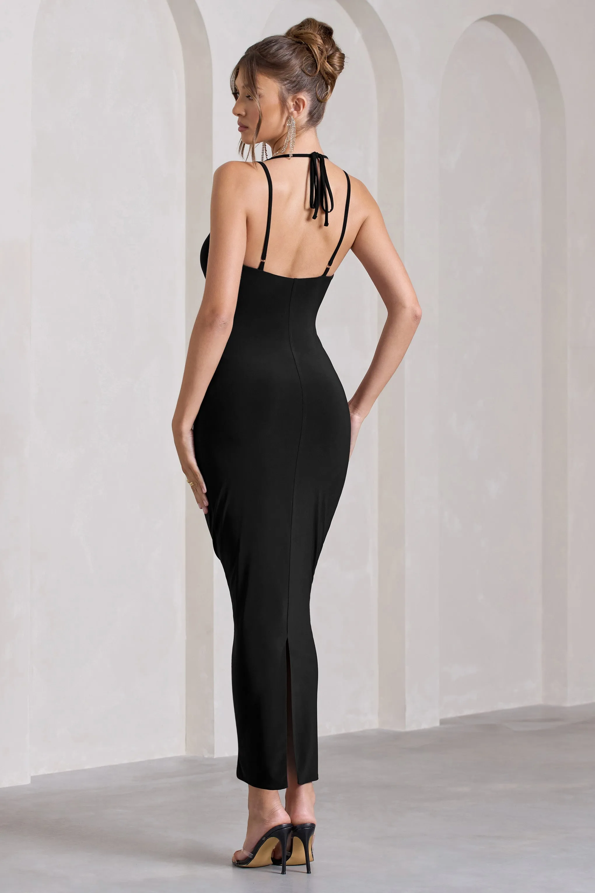 Yvette | Black Plunge-Neck Twisted Maxi Dress With Cross-Back