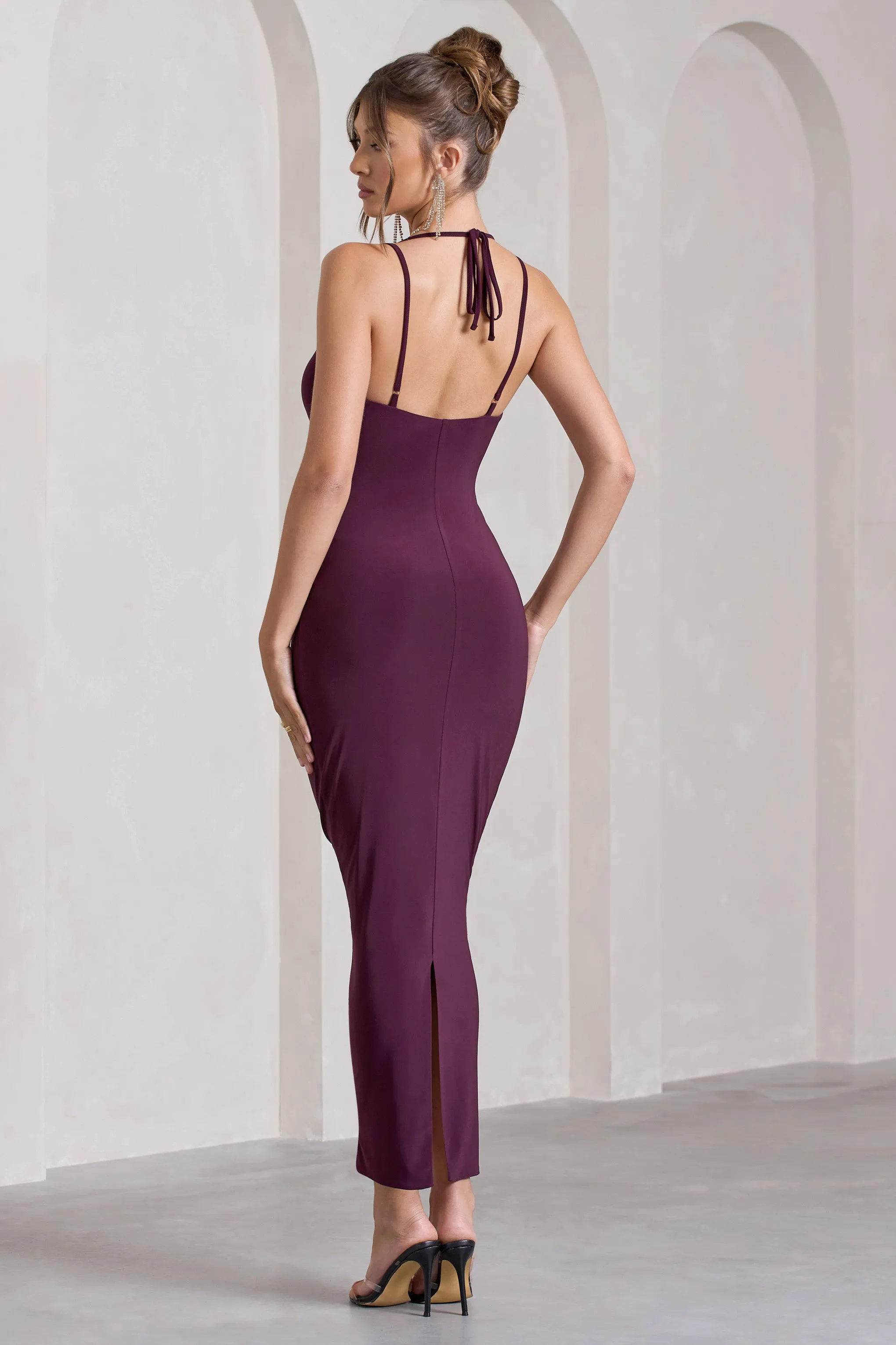 Yvette | Plum Plunge-Neck Twisted Maxi Dress With Cross-Back